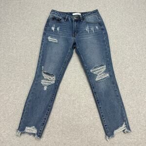 KanCan Jeans Distressed Blue Med Wash Raw Hem WMNS 5/26 Stretch Denim Streetwear